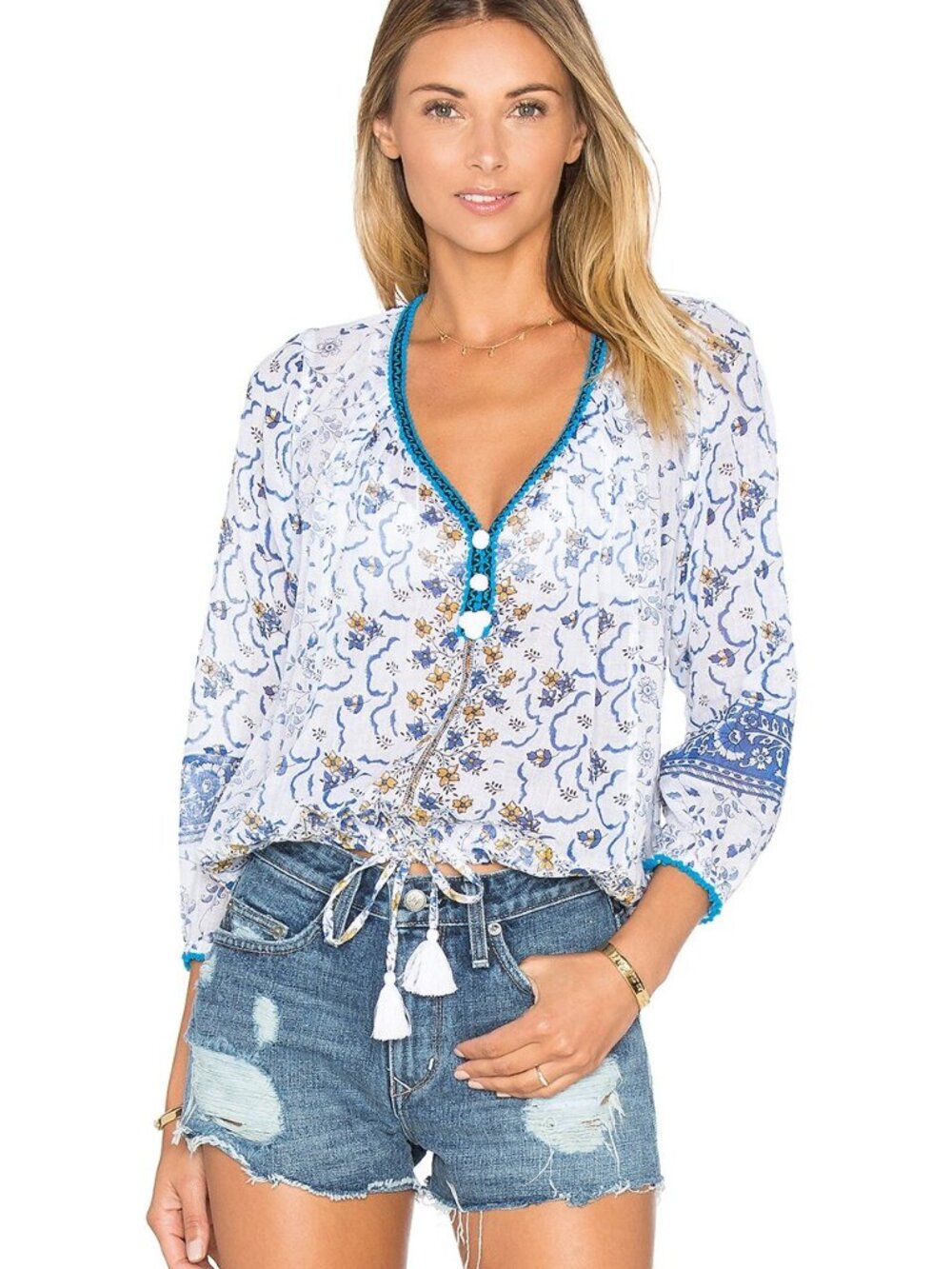 $225 Poupette St Barth White Blue Floral Lara V Neck Tie Waist Top Size L